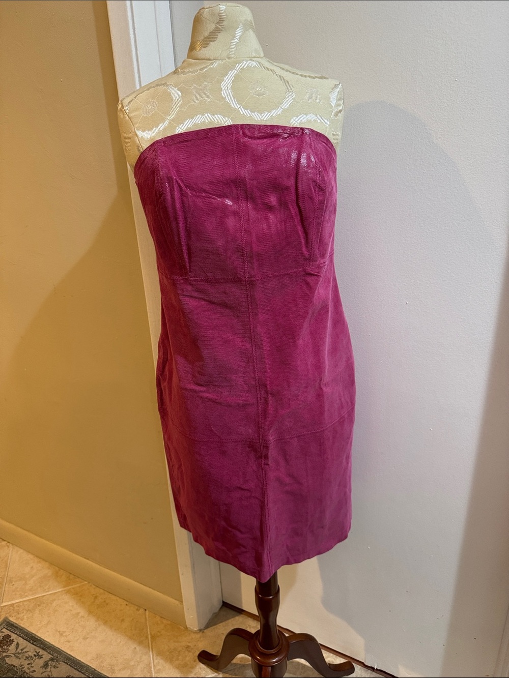 Vintage Leather Raspberry Removable Straps Lined Zip Tube Dress 9/10 NWT